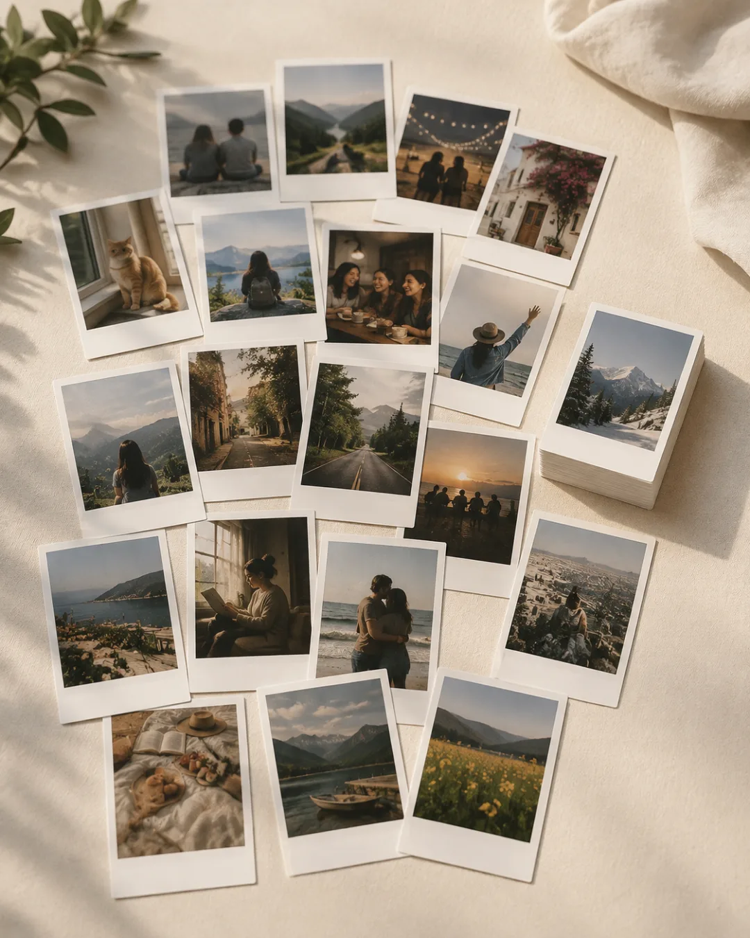 PrintPolaroid — scattered polaroid prints lifestyle flatlay