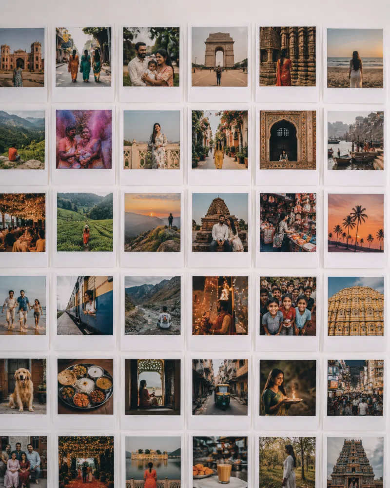 35 square polaroid prints displayed in a grid on a white wall