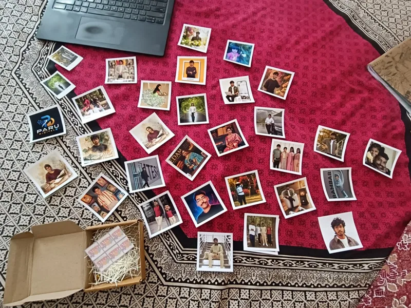 Shreya's 32 polaroid prints spread out after unboxing